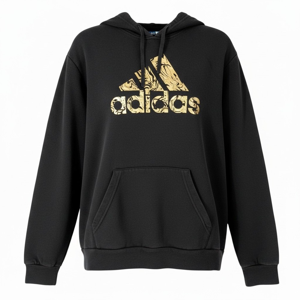 Adidas Hoodie Mens Medium Black‎ Gold Logo Pullover Fleece Sweatshirt Streetwear